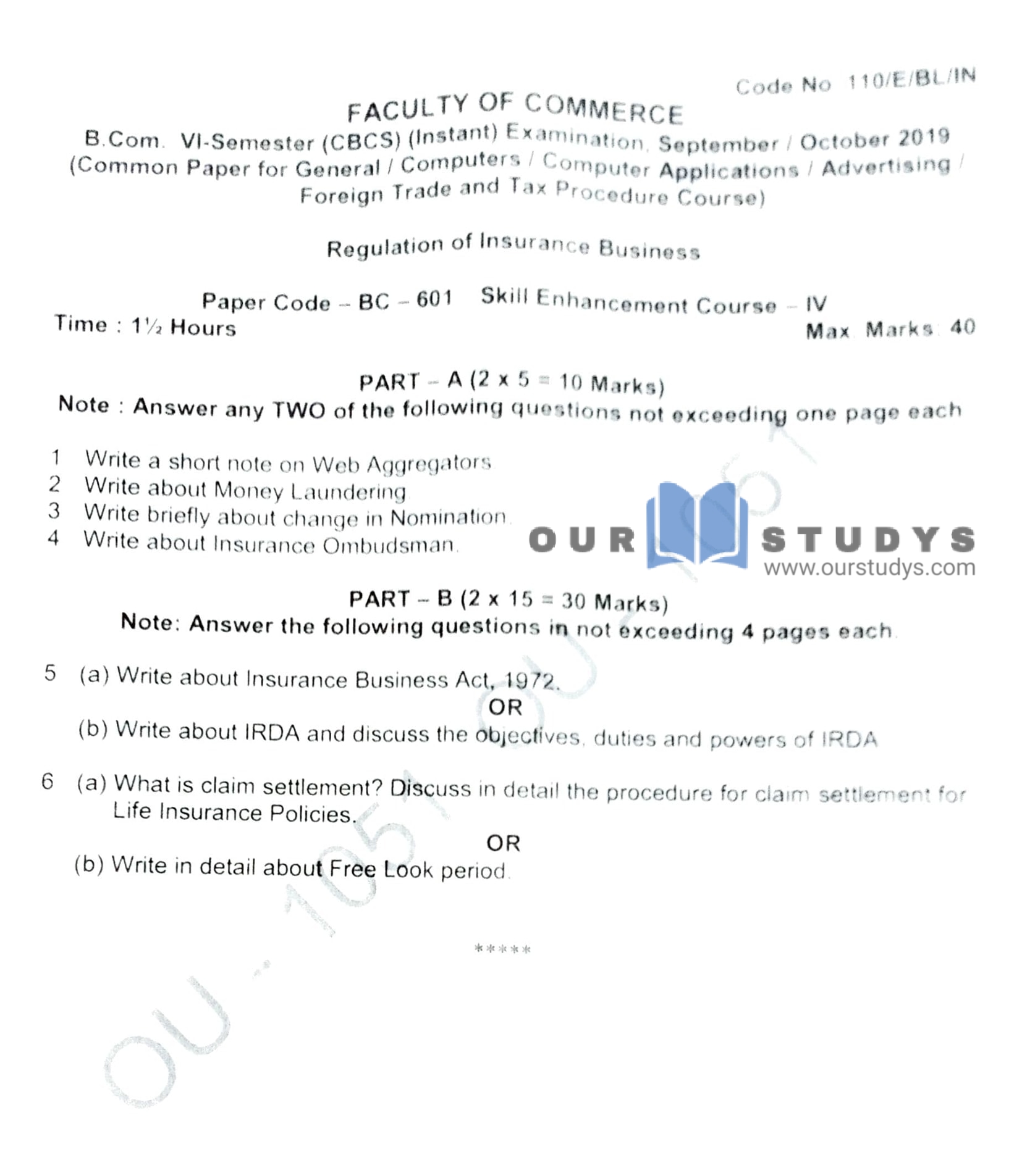 Regulation of insurance business question paper osmania university 1